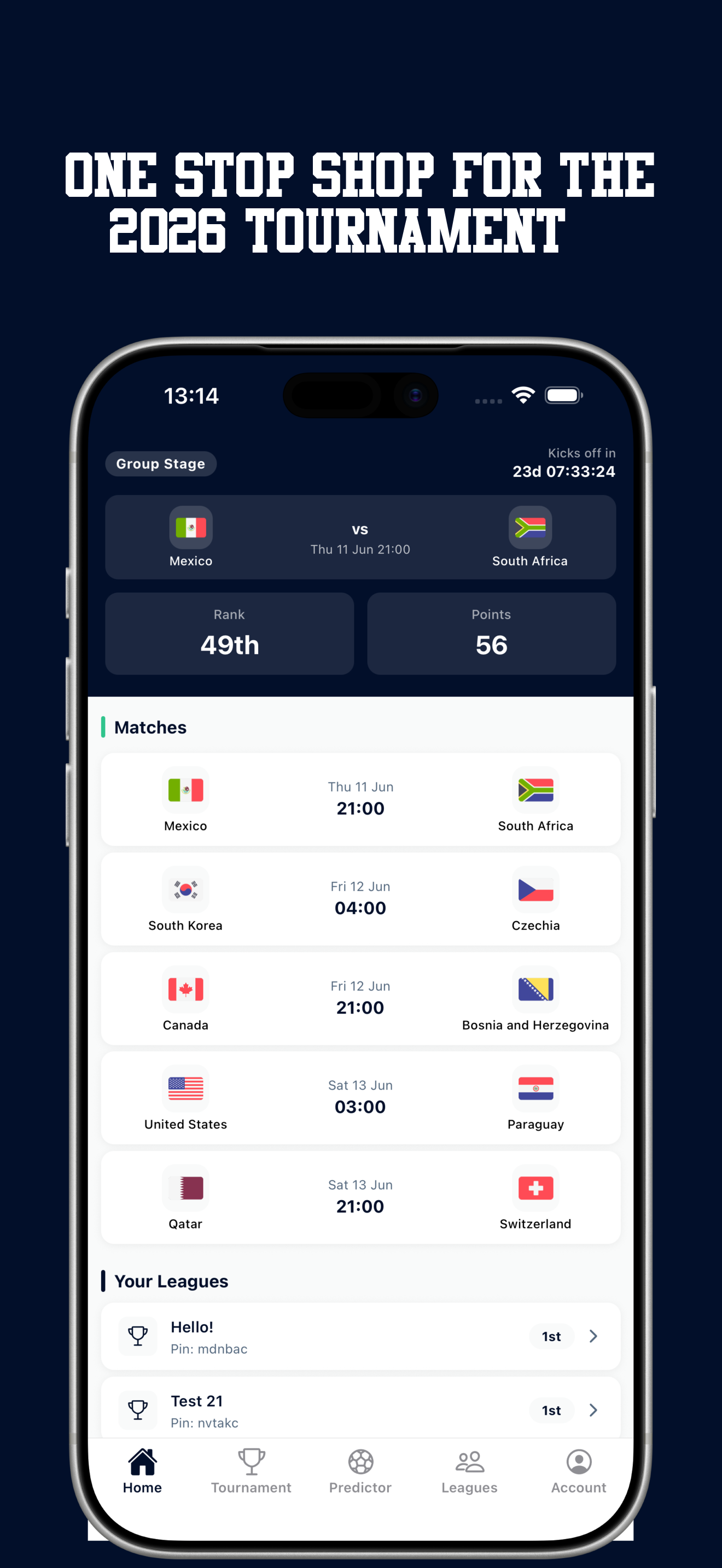 Home screen with upcoming matches and your league standings